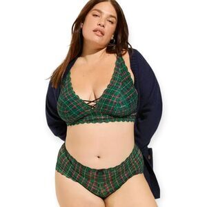 4X 26W Torrid Green Plaid Lightly Lined Lace Front Bralette Panty Set Cheeky NWT